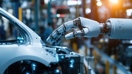 Poster - AI in car manufacturing: A robot hand working in an automotive assembly plant, showcasing how advancements in AI and machine learning are transforming the car manufacturing process.