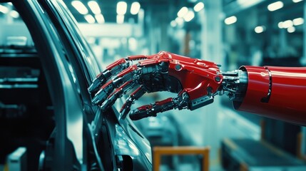 Poster - AI in car manufacturing: A robot hand working in an automotive assembly plant, showcasing how advancements in AI and machine learning are transforming the car manufacturing process.