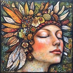 Sticker - Woman With Closed Eyes Wearing a Nature Inspired Headpiece