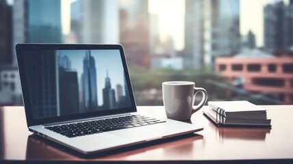 Poster - A stylish office setup featuring a laptop, coffee mug, a