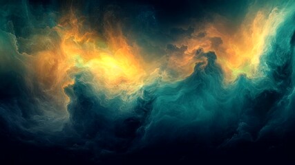 Wall Mural - Mysterious swirling clouds of green and yellow light forming an abstract cosmic landscape in dark space. Celestial phenomenon concept. Seamless looping time-lapse video background.