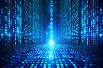 Blue digital binary data on computer screen background