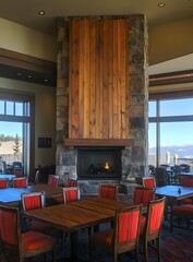 Poster - Modern Restaurant Interior With Stone Fireplace And View