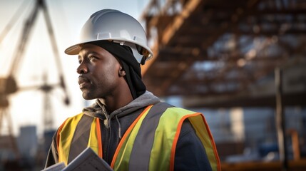 Sticker - Attractive African American engineer wearing a hard hat and safety vest, 