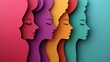 © James - Women's Day poster with silhouettes of multicultural women's faces in paper cut and copy space, 3D illustration. Females for feminism, independence, sisterhood, empowerment, activism, Generative AI