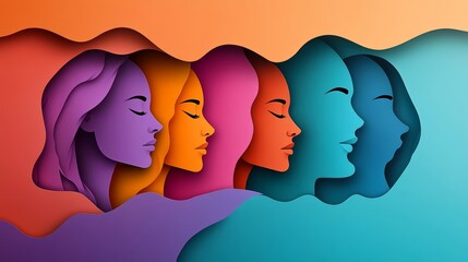 Wall Mural - Women's Day poster with silhouettes of multicultural women's faces in paper cut and copy space, 3D illustration. Females for feminism, independence, sisterhood, empowerment, activism, Generative AI