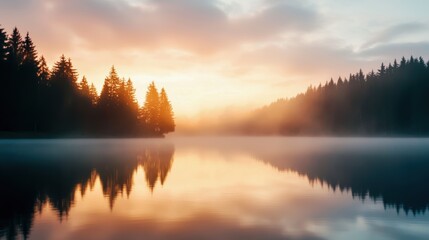 A serene sunrise over a tranquil lake, framed by lush forests and mist, reflecting nature's beauty in peaceful harmony.