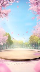 Wall Mural - Cherry Blossom Background Illustration with Empty Wooden Stage