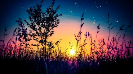 Sticker - Silhouettes of Grass and a Tree at Sunset with a Starry Sky