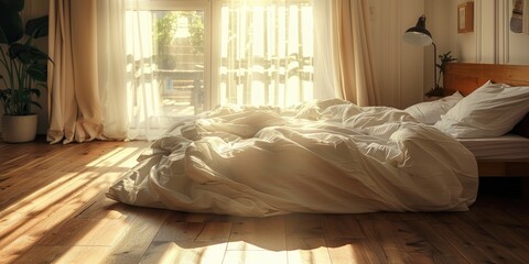 Canvas Print - Queen sized Bed in a Room with Wooden Floor and White Bedding