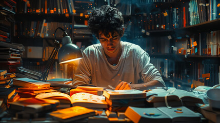 a young man sitting at a desk with an open book in front of him. perfect for illustrating study sess