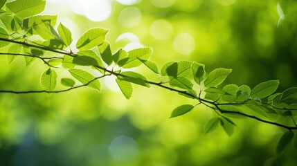 Wall Mural - Close-up of  green foliage on a tree branch with soft sunlight 
