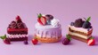 © Copi - A collection of three different cakes with berries on a purple background.