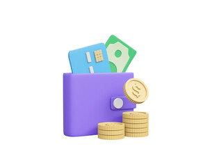 Canvas Print - 3D rendered illustration features icons of a wallet, credit card, banknotes, and dollar coins, symbolizing the various tools used in managing personal and consumer finance isolated on transparent 