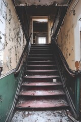 Canvas Print - Old Abandoned House Interior Staircase with Peeling Paint