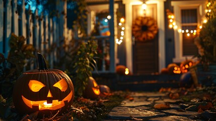 Close-up of a glowing jack-o-lantern on a cobblestone pathway in front of a house decorated for Halloween.