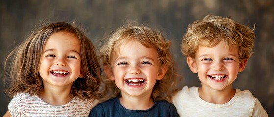 Three joyful children smiling widely against a textured background, capturing the essence of happiness and childhood.