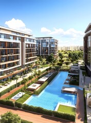 Sticker - Modern Apartment Buildings with Pool and Green Space