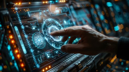 Poster - illustration of a mans hand navigating a hightech cybersecurity screen