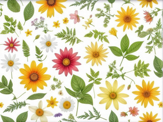 Wall Mural - Colorful flowers and green leaves arranged on a white background.