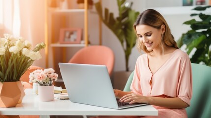 Happy stylish female blogger in a chic, modern home office, 