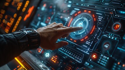 Poster - illustration of a mans hand navigating a hightech cybersecurity screen