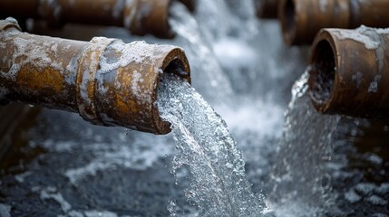 Sticker - A row of pipes at an oil and gas pow releasing water in a continuous flow, creating a dynamic fountain.