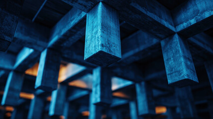 Modern abstract industrial interior with geometric concrete beams in blue-toned lighting, showcasing architectural design and structure.