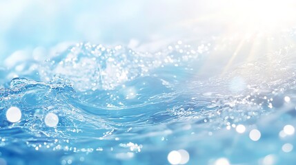 Poster - Transparent blue clear water surface texture with ripples, splashes and bubbles. Abstract summer banner background Water waves in sunlight with copy space Cosmetic moisturizer micellar toner emulsion