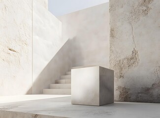 Canvas Print - Minimalist Concrete Cube with Stairway Background