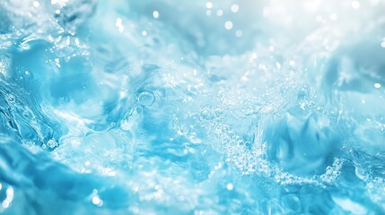 Poster - Transparent blue clear water surface texture with ripples, splashes and bubbles. Abstract summer banner background Water waves in sunlight with copy space Cosmetic moisturizer micellar toner emulsion 