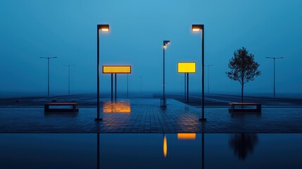 Lonely night street scene with illuminated signs and tree reflections in wet pavement, captured in a serene, minimalist style.