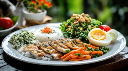 Wall Mural - Sliced grilled chicken is served with teriyaki sauce, rice, colorful vegetables, and a sunny-side-up egg, topped with green onions and sesame seeds