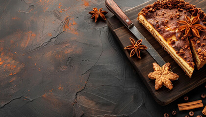 Board with delicious caramel cake on table