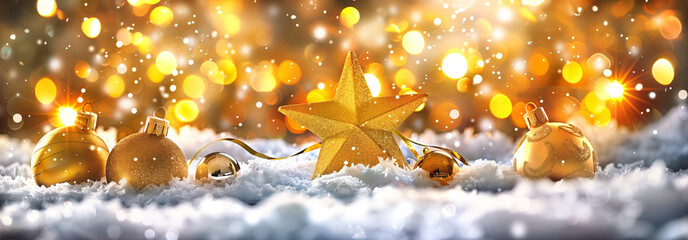 Wall Mural - christmas holidays decoration with golden star and baubles, glitter, bokeh inside snow
