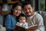 Fototapeta Natura - Hispanic couple sitting on the sofa reading a book at home with their baby son and young daughter, Generative AI