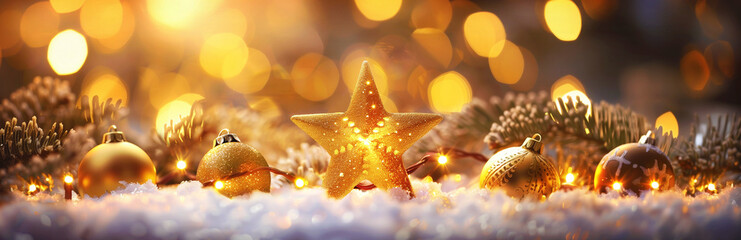 Wall Mural - christmas holidays decoration with golden star and baubles, glitter, bokeh inside snow