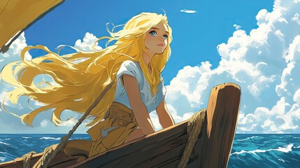 The lovely golden haired character is perched on the front of a wooden boat gazing at the ocean