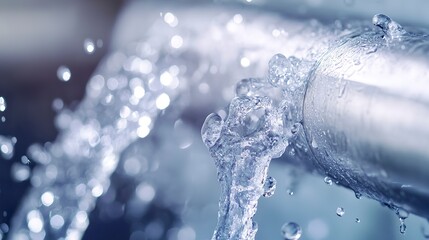 Poster - High-speed water leak from a silver pipe, with water droplets splashing, detailed close-up in outdoor setting. 