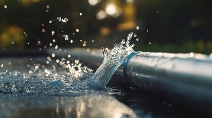 Poster - High-speed water leak from a silver pipe, with water droplets splashing, detailed close-up in outdoor setting