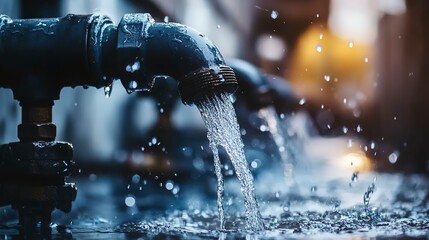 Poster - Close-up of water pipes leaking and splashing. The image captures the urgency and importance of addressing plumbing issues for a sustainable environment. 