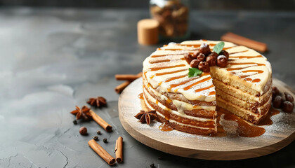 Wall Mural - Board with delicious caramel cake on table