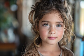 Wall Mural - A captivating portrait of a young girl with beautifully expressive eyes, curly hair, and strikingly innocent facial features, captured in natural light to highlight her delicate freckles and warm