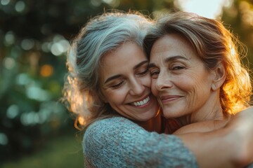 Happy, hug and portrait of a mother and woman in a garden on mothers day with love and gratitude. Smile, family and an adult daughter hugging a senior, Generative AI