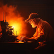 © kiewkoii - Elderly man in an orange shirt working on a machine in a dark workshop, illuminated by warm, dramatic light.