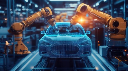 Poster - Automotive AI technology: Robots using AI and machine learning to streamline car assembly processes, representing technological advancements in the automotive industry.
