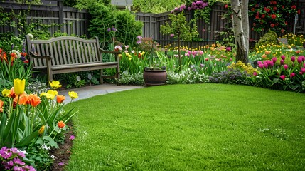 Wooden bench in a lush green garden with blooming tulips and a potted plant,  lawn with a stone path.