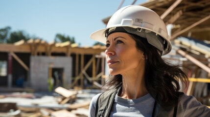 Sticker - woman architect wearing hardhat at construction site