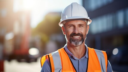 Portrait of construction site manager wearing safety vest and blue helmet 