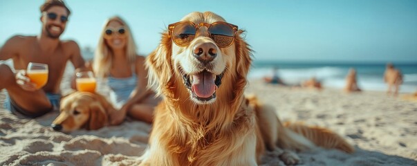 Wall Mural - Panoramic shot of family with glasses of orange juice sitting near golden retriever on beach, Generative AI